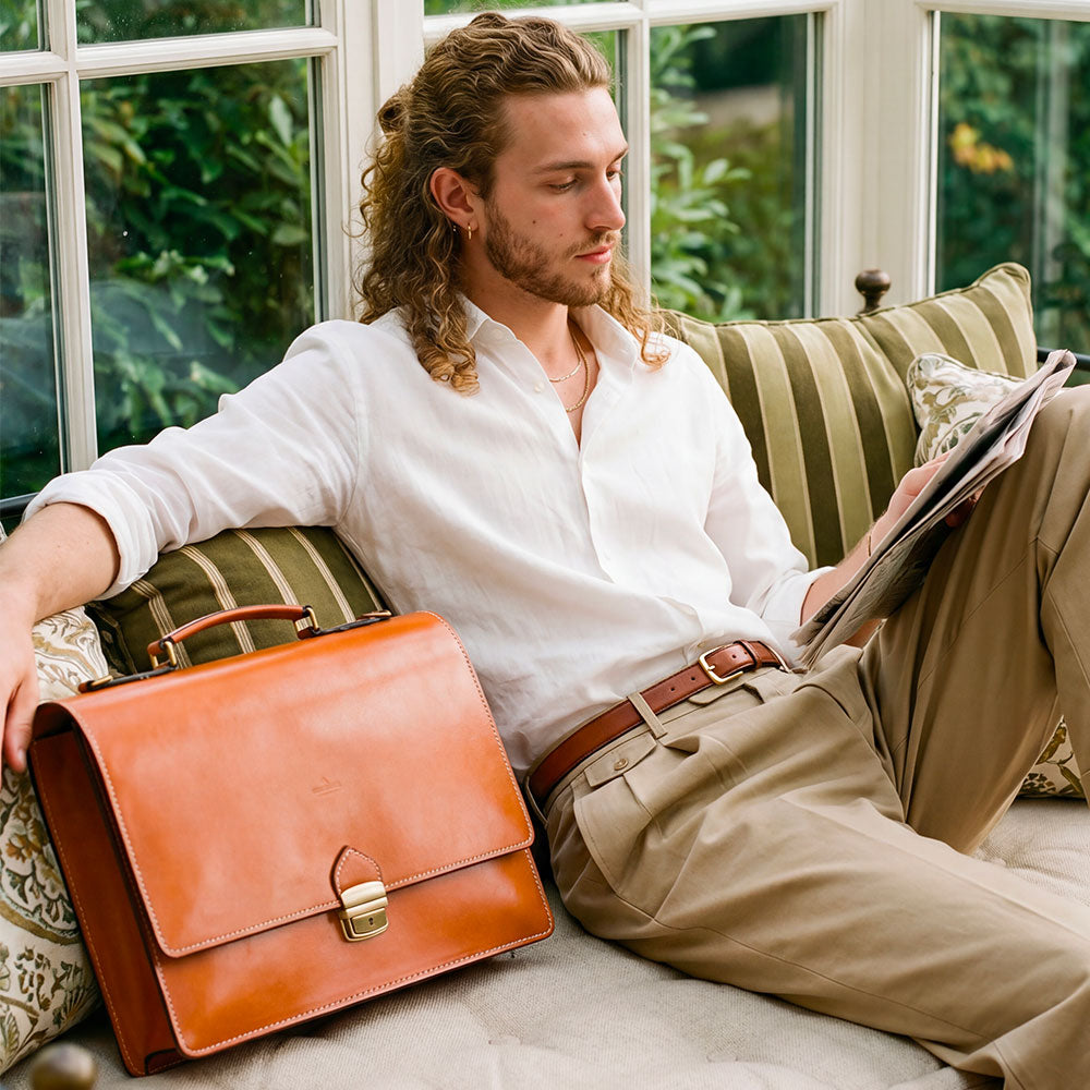 Cartella in Pelle color Cuoio VIAVERDI Made in Italy - 2 Soffietti porta Pc 15.6