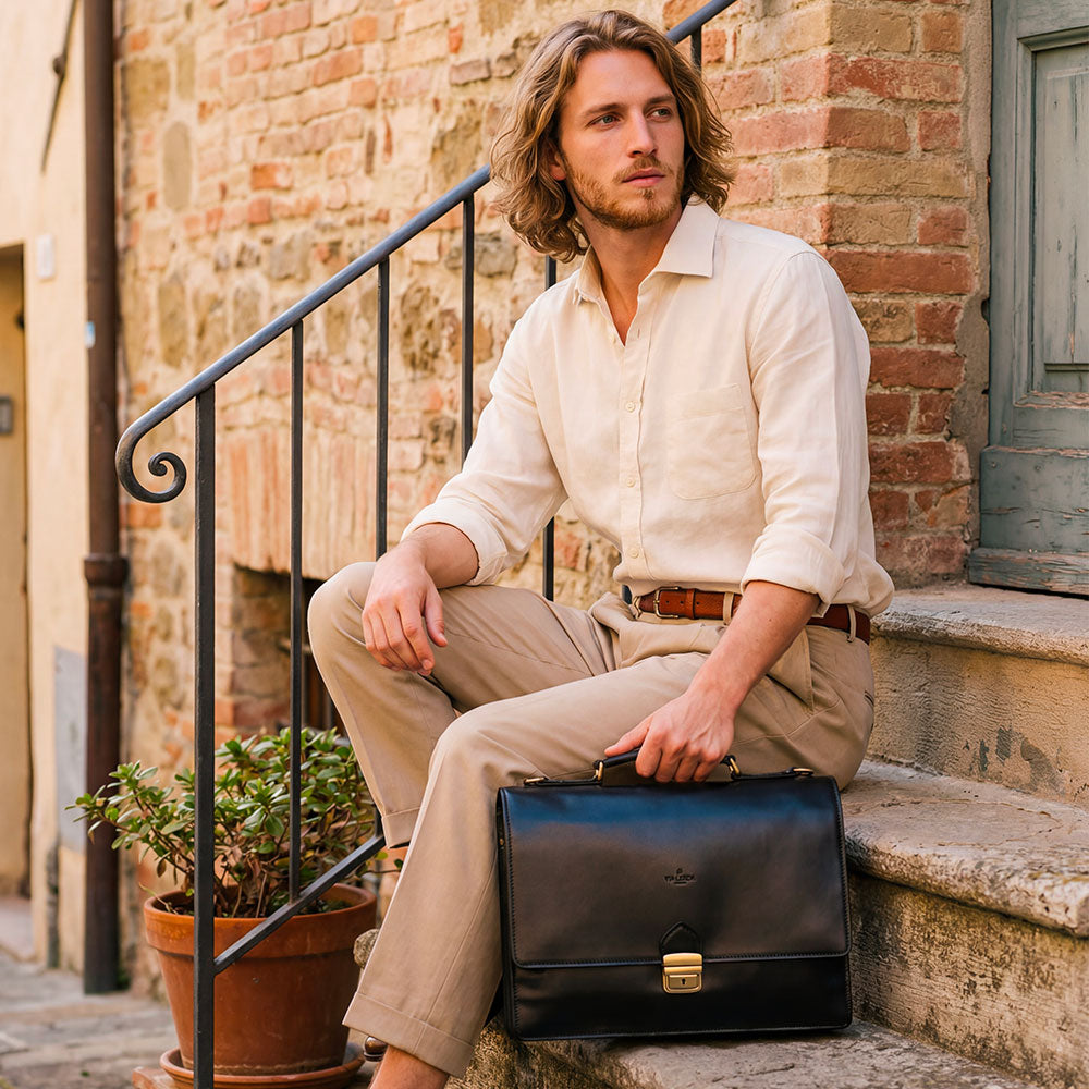 Cartella in Pelle Nera VIAVERDI Made in Italy - 2 Soffietti porta Pc 15.6