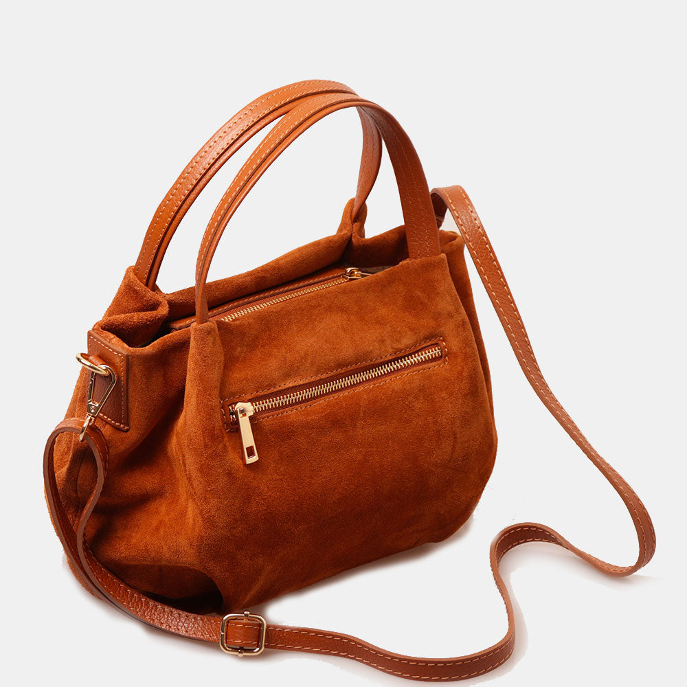 Borsa a Mano con Tracolla VIAVERDI in Camoscio color Cuoio Made in Italy linea Castiglione