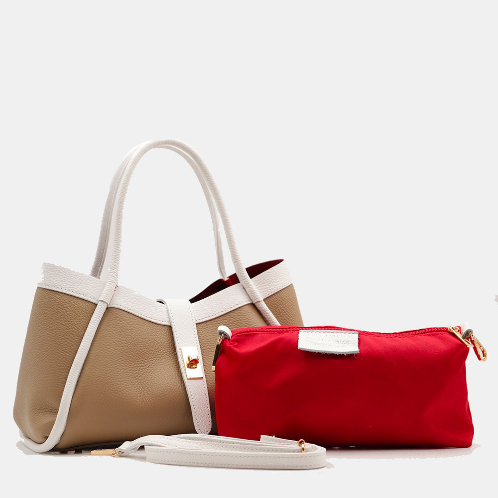 Borsa Donna a Mano VIAVERDI in Pelle Taupe e Bianca Made in Italy linea Cortona