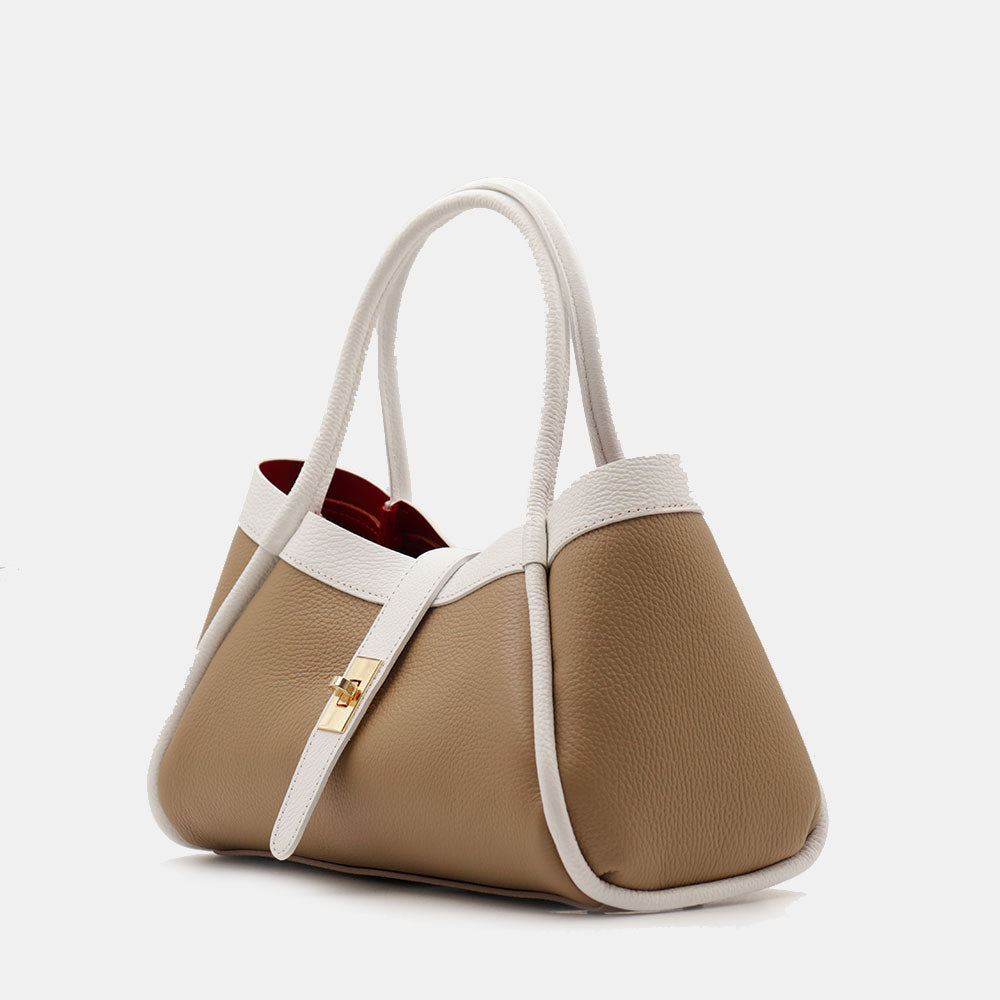 Borsa Donna a Mano VIAVERDI in Pelle Taupe e Bianca Made in Italy linea Cortona