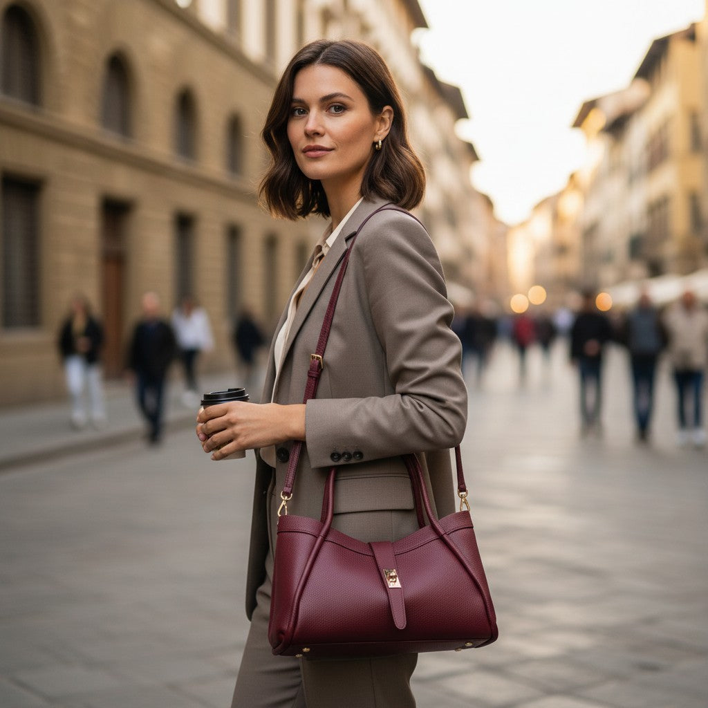 Damen-Handtasche VIAVERDI aus bordeauxfarbenem Leder Made in Italy Linie Cortona