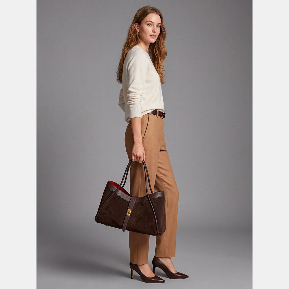 VIAVERDI Women's Shoulder Bag in Dark Brown Suede and Leather, Made in Italy, Cortona Line