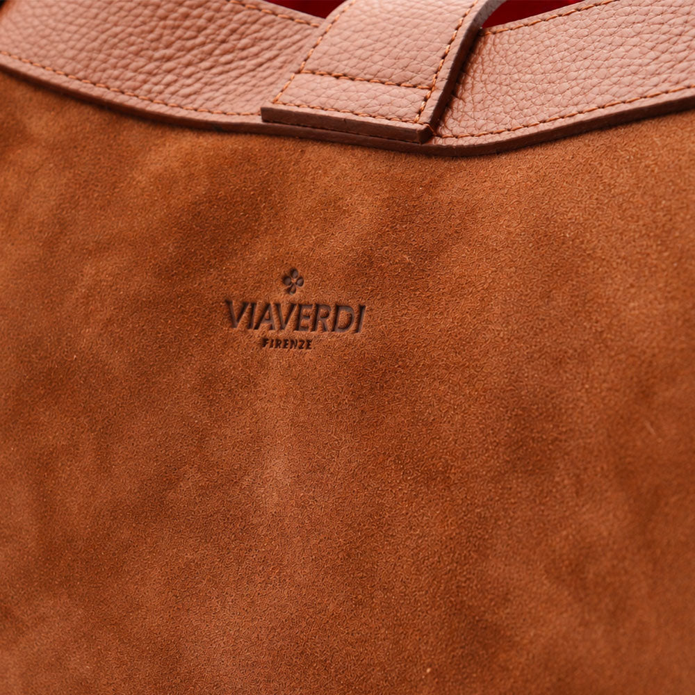 VIAVERDI Damen-Schultertasche aus braunem Wildleder und Leder, hergestellt in Italien, Cortona-Linie
