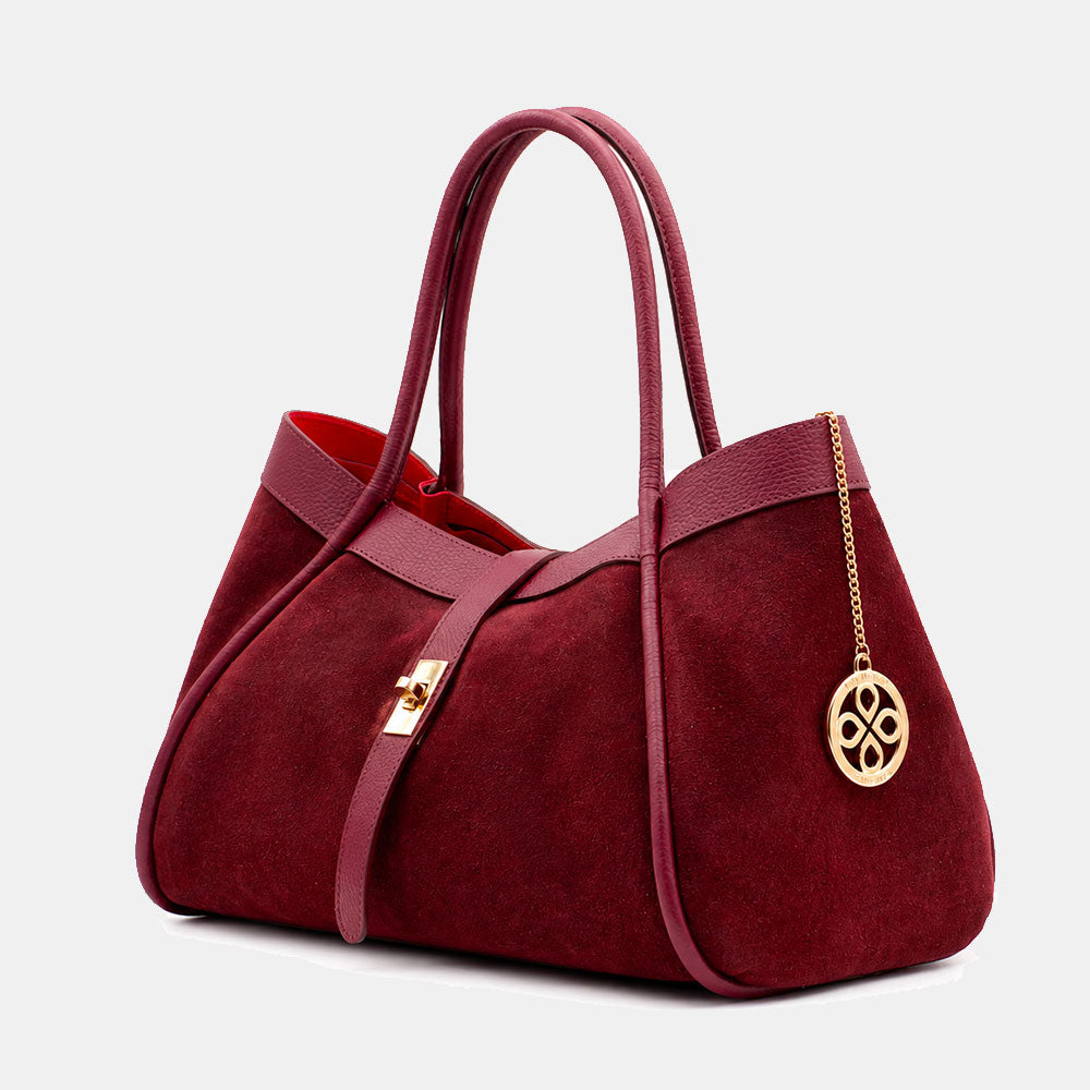 Borsa Donna a Spalla VIAVERDI in Camoscio e Pelle Bordeaux Made in Italy linea Cortona