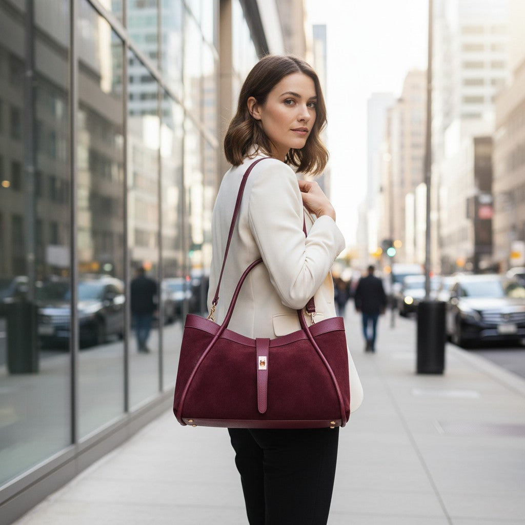 Borsa Donna a Spalla VIAVERDI in Camoscio e Pelle Bordeaux Made in Italy linea Cortona