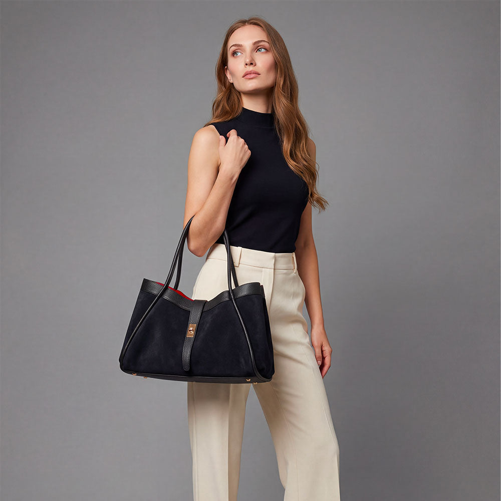 Borsa Donna a Spalla VIAVERDI in Camoscio e Pelle Nera Made in Italy linea Cortona