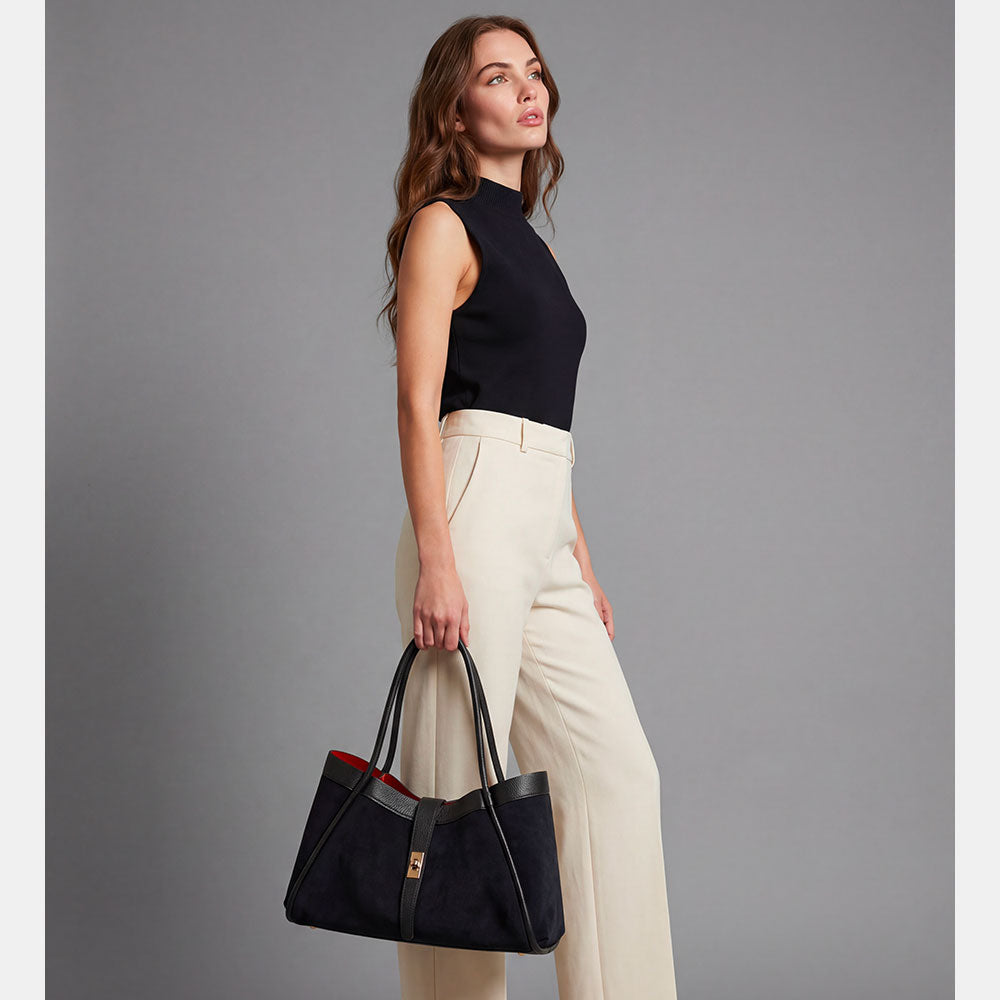 Borsa Donna a Spalla VIAVERDI in Camoscio e Pelle Nera Made in Italy linea Cortona