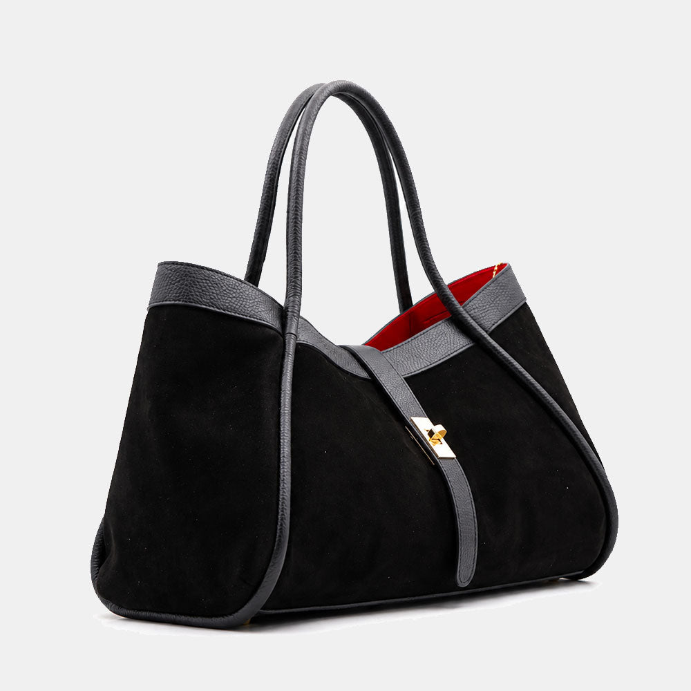 Borsa Donna a Spalla VIAVERDI in Camoscio e Pelle Nera Made in Italy linea Cortona