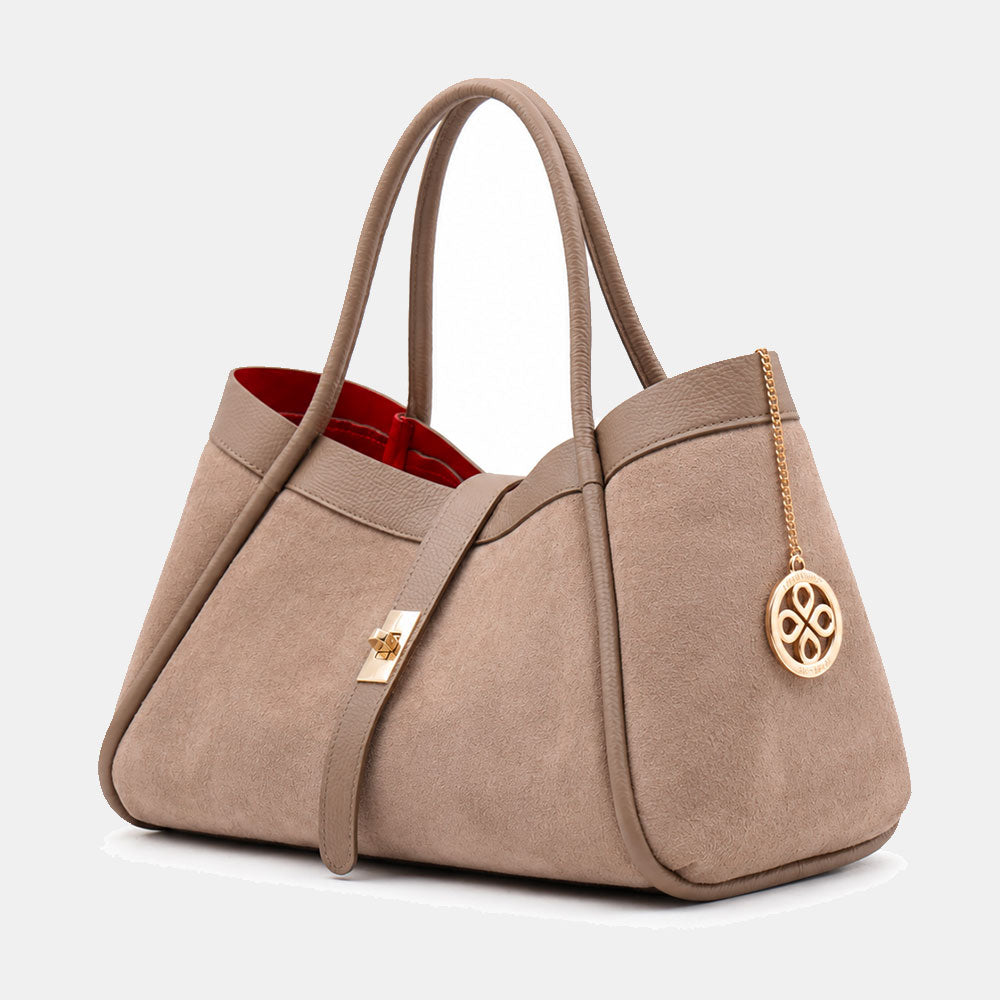 Borsa Donna a Spalla VIAVERDI in Camoscio e Pelle Taupe Made in Italy linea Cortona