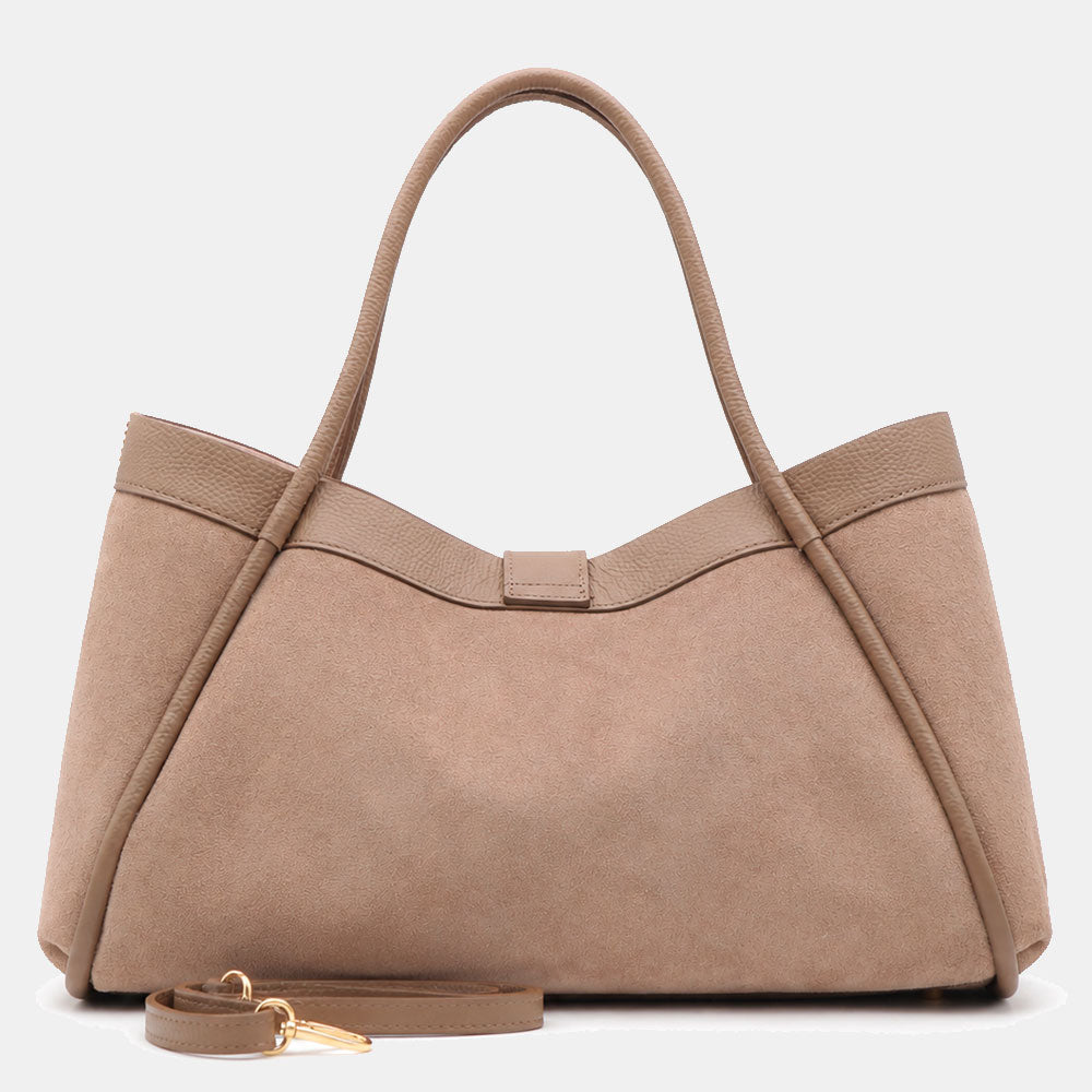 Borsa Donna a Spalla VIAVERDI in Camoscio e Pelle Taupe Made in Italy linea Cortona