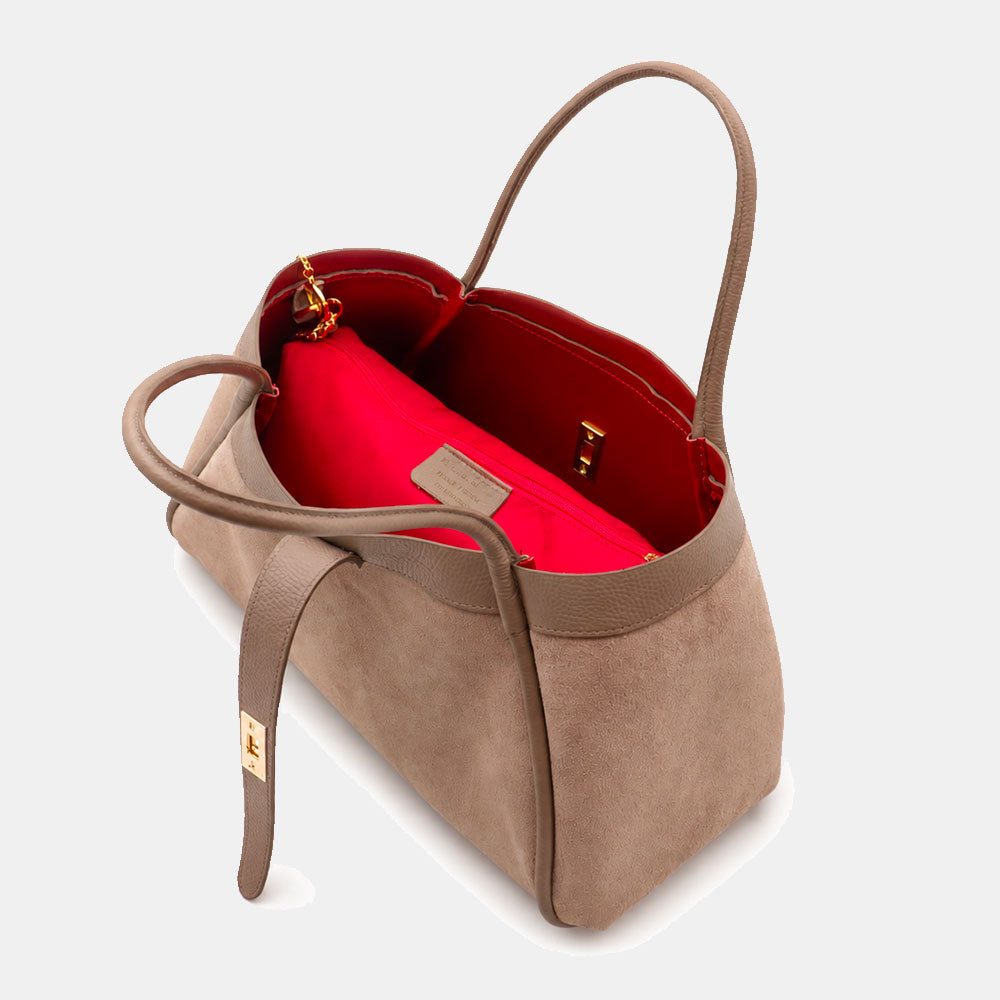 Borsa Donna a Spalla VIAVERDI in Camoscio e Pelle Taupe Made in Italy linea Cortona