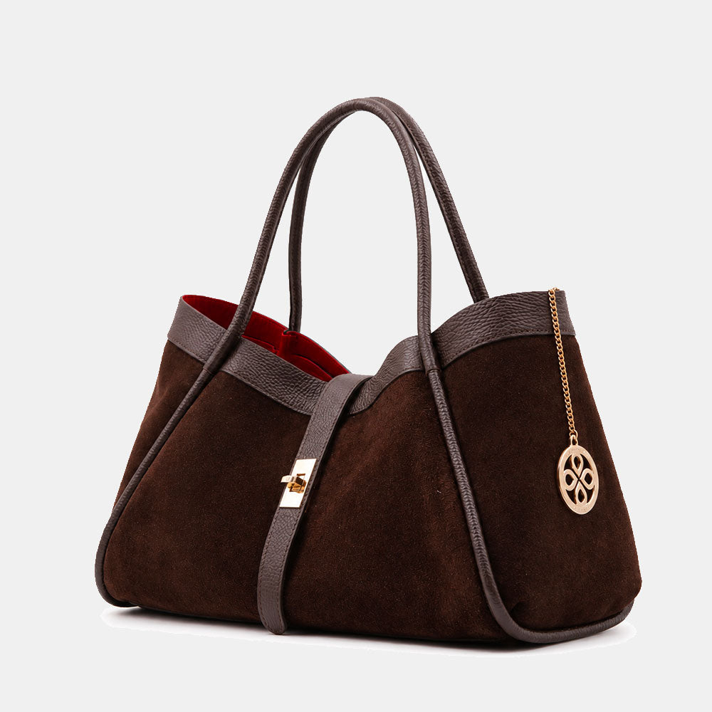 Borsa Donna a Spalla VIAVERDI in Camoscio e Pelle Testa di Moro Made in Italy linea Cortona