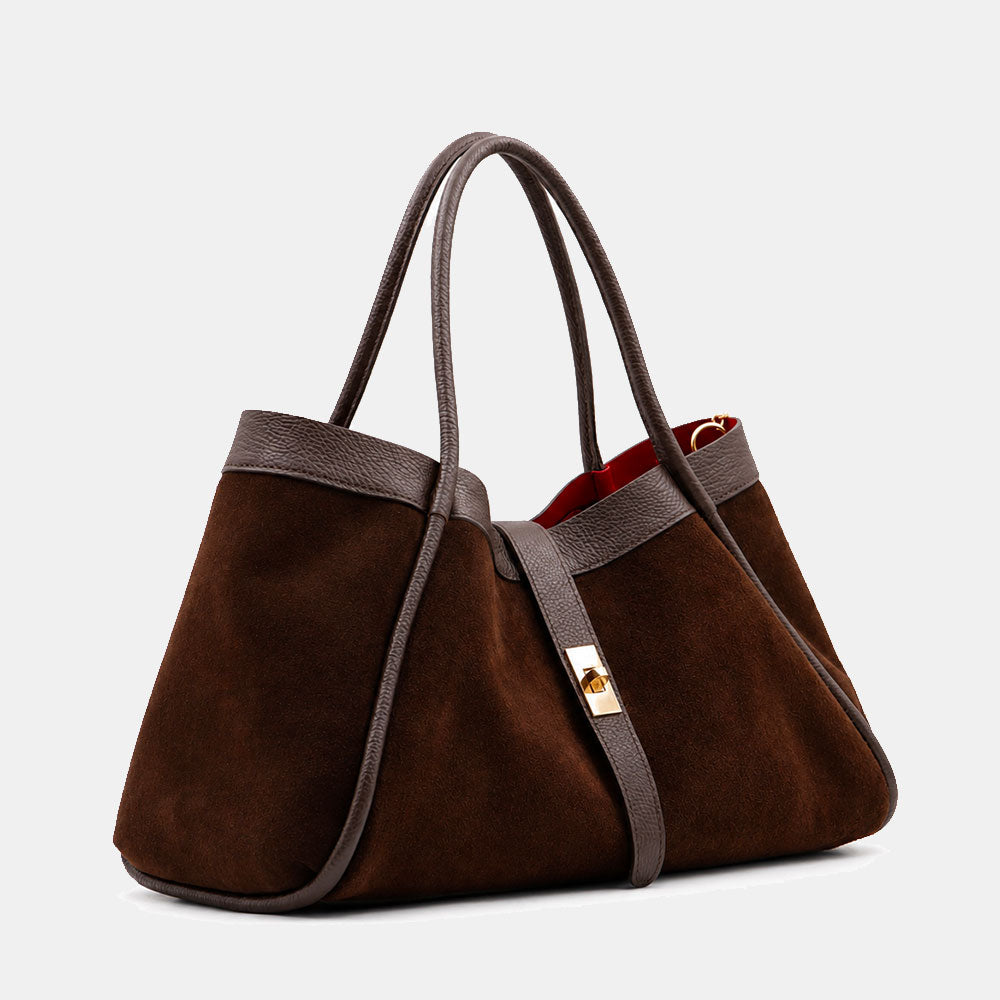 Borsa Donna a Spalla VIAVERDI in Camoscio e Pelle Testa di Moro Made in Italy linea Cortona