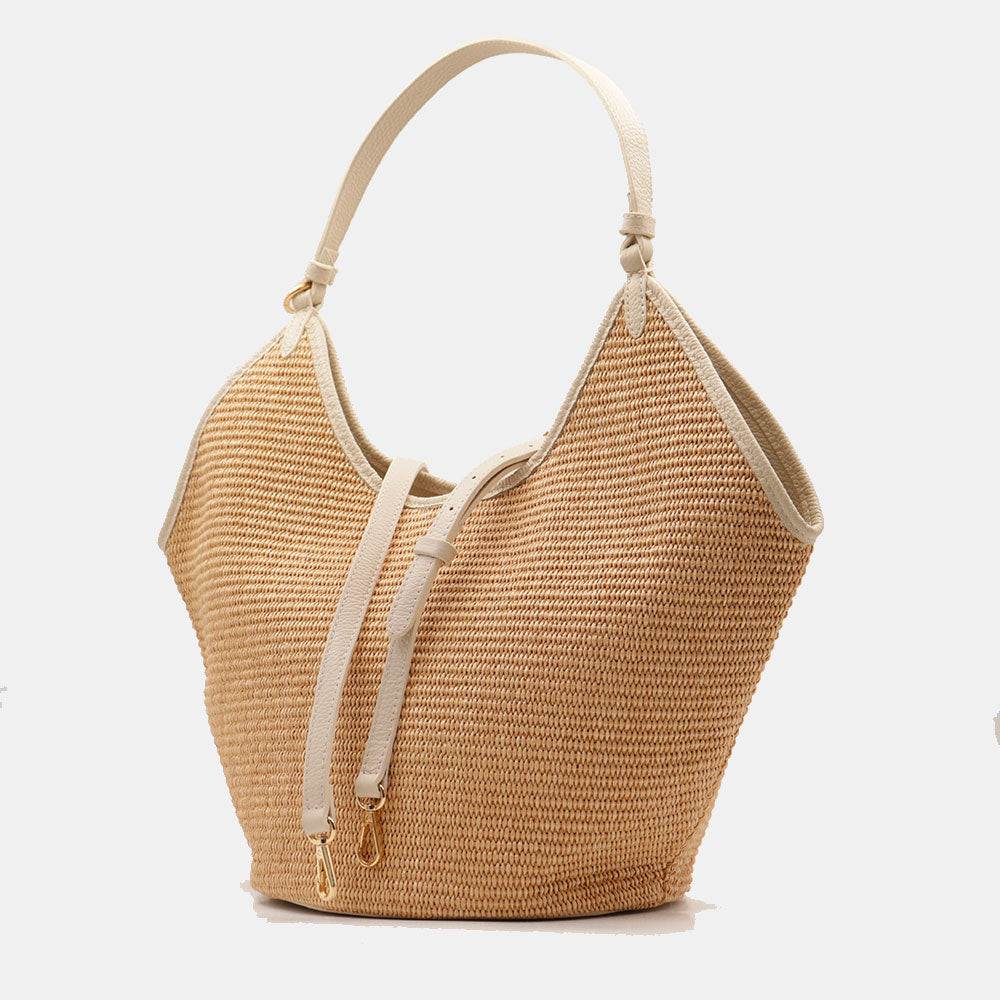 Borsa Donna a Spalla Grande VIAVERDI in Rafia e Pelle Avorio Made in Italy linea Cortona
