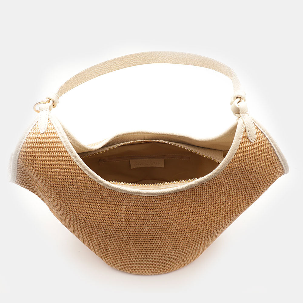 Borsa Donna a Spalla Grande VIAVERDI in Rafia e Pelle Avorio Made in Italy linea Cortona