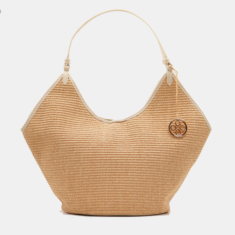 Borsa Donna a Spalla Grande VIAVERDI in Rafia e Pelle Avorio Made in Italy linea Cortona