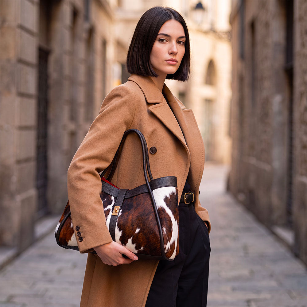 Borsa Donna a Spalla VIAVERDI in Cavallino e Pelle Nera Made in Italy linea Cortona