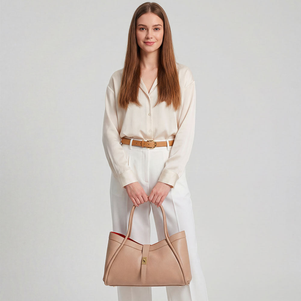 VIAVERDI Women's Shoulder Bag in Light Beige Leather Made in Italy, Cortona Line