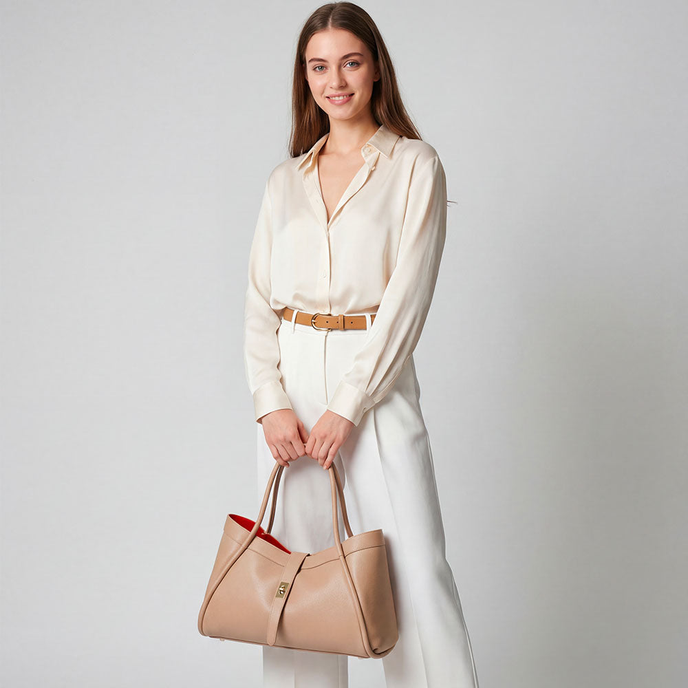 Borsa Donna a Spalla VIAVERDI in Pelle Beige Chiaro Made in Italy linea Cortona