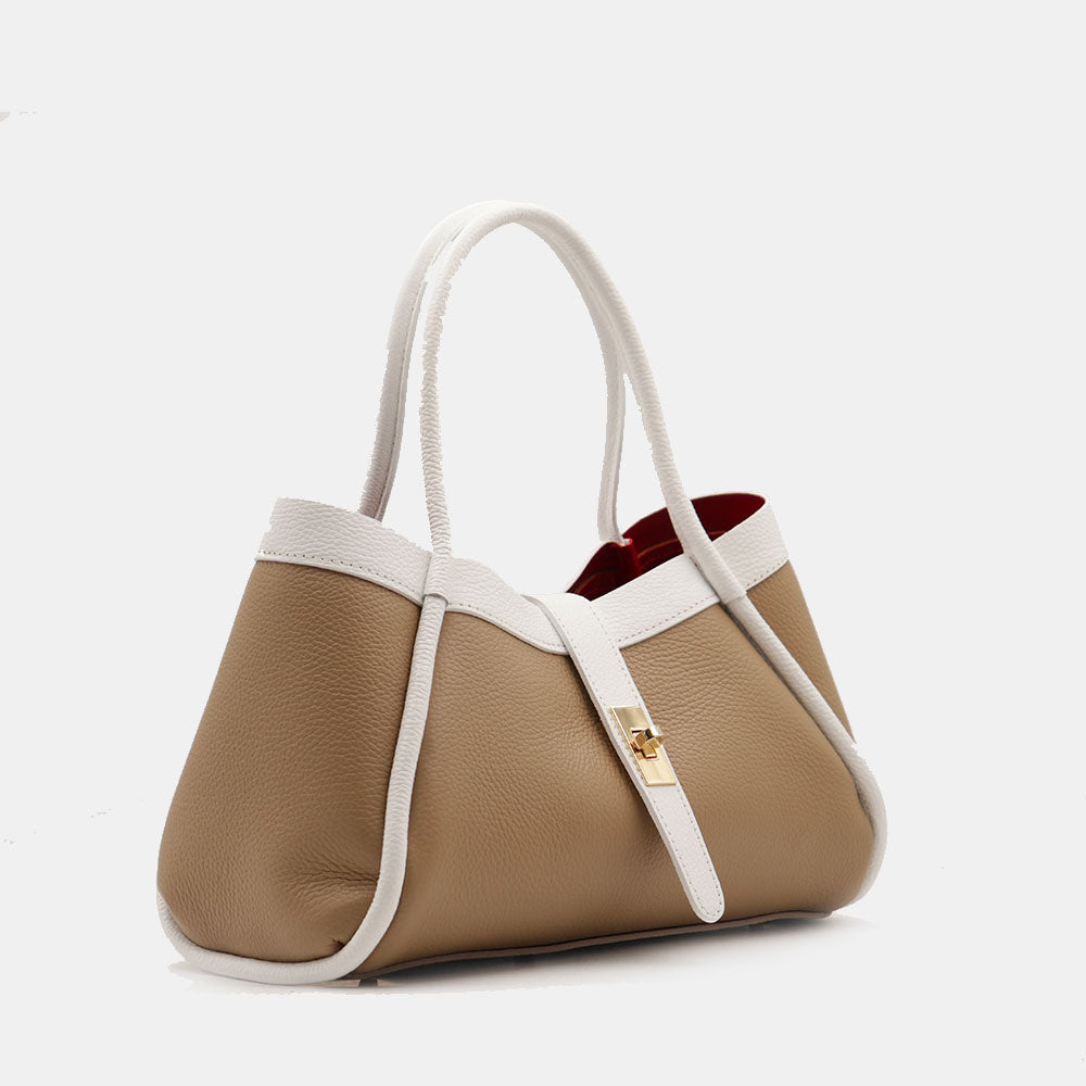 Borsa Donna a Mano VIAVERDI in Pelle Taupe e Bianca Made in Italy linea Cortona