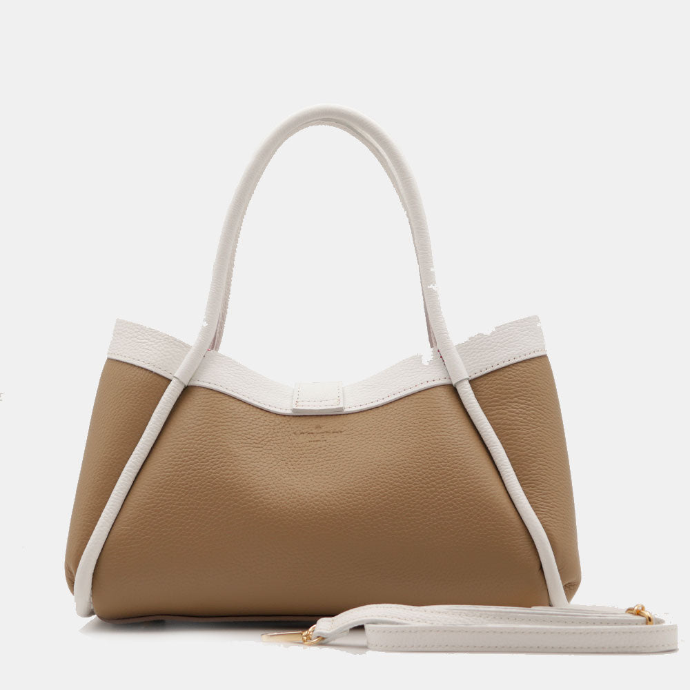 Borsa Donna a Mano VIAVERDI in Pelle Taupe e Bianca Made in Italy linea Cortona