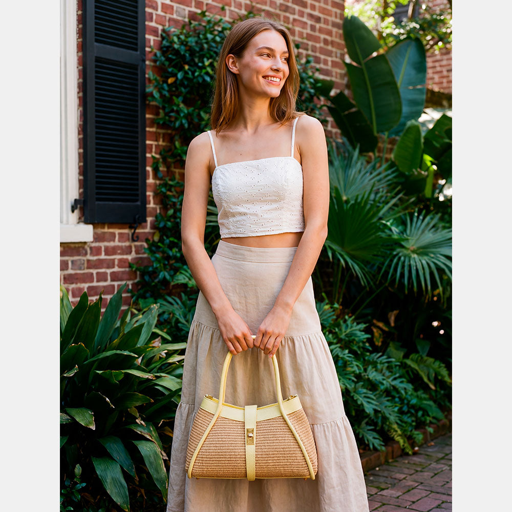 Borsa Donna a Mano VIAVERDI in Rafia e Pelle Gialla Made in Italy linea Cortona