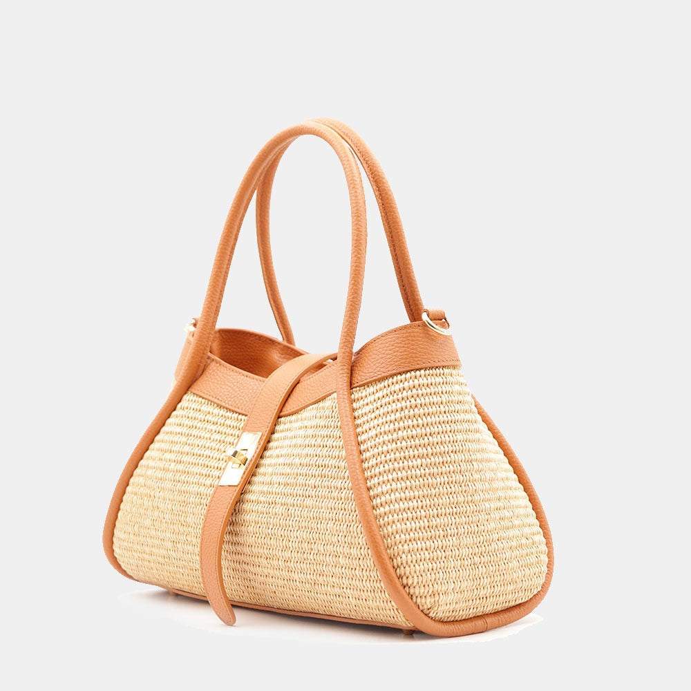 VIAVERDI Damen-Handtasche aus Bast und Leder in Cognac Made in Italy Linie Cortona