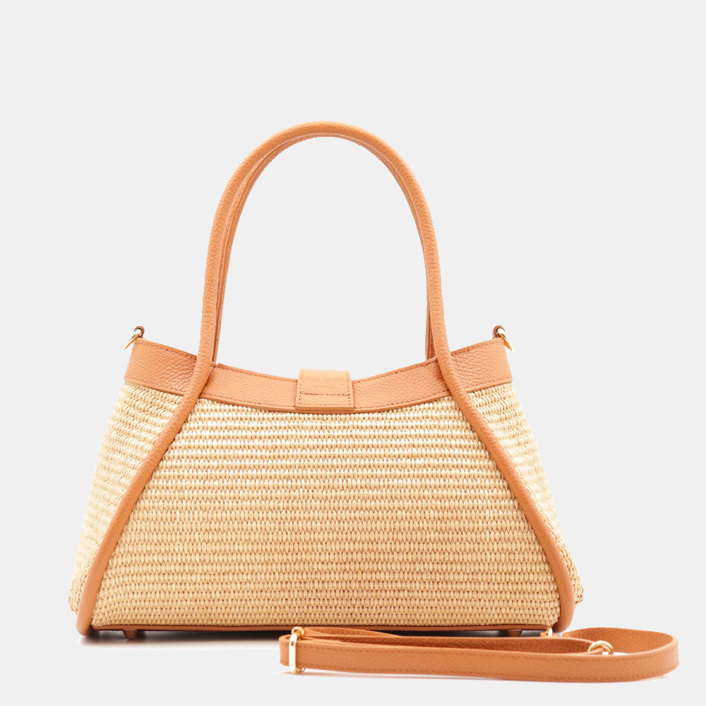 VIAVERDI Damen-Handtasche aus Bast und Leder in Cognac Made in Italy Linie Cortona