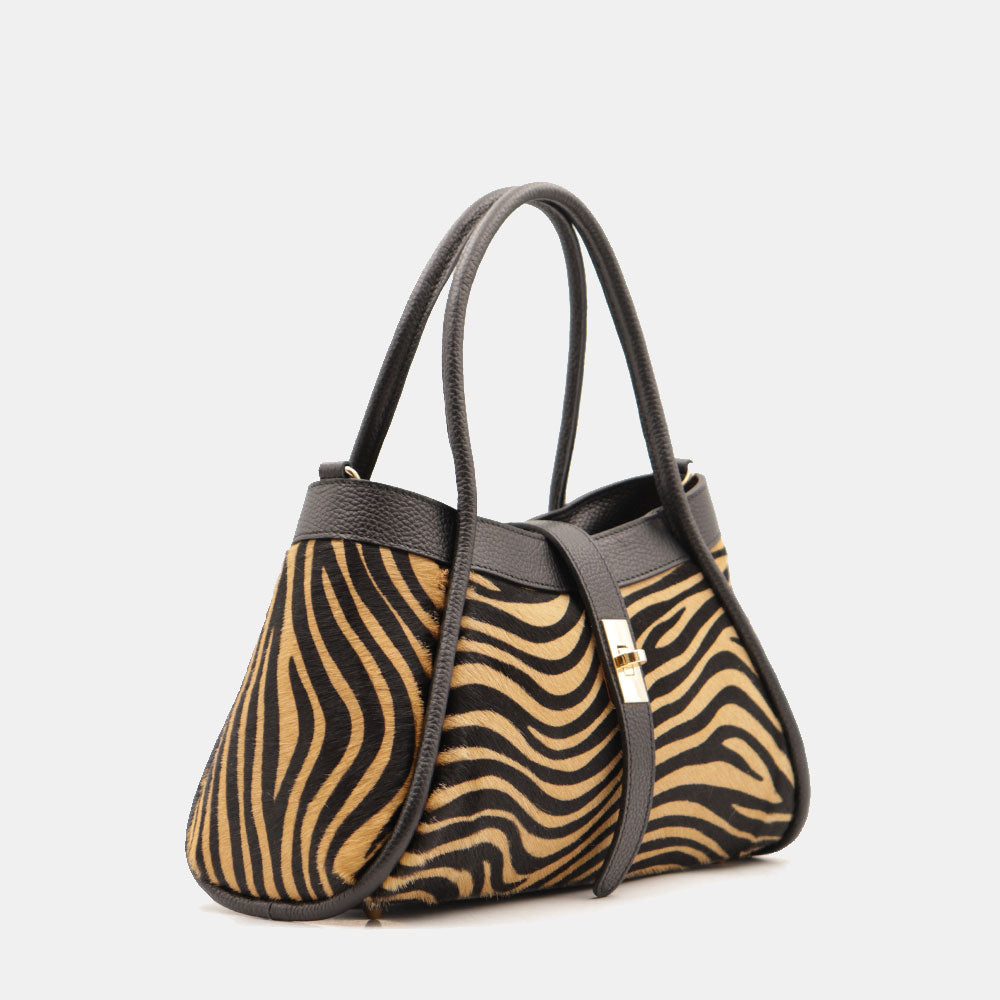 Borsa Donna a Mano VIAVERDI Pelle e Cavallino Animalier Zebrato Made in Italy linea Cortona