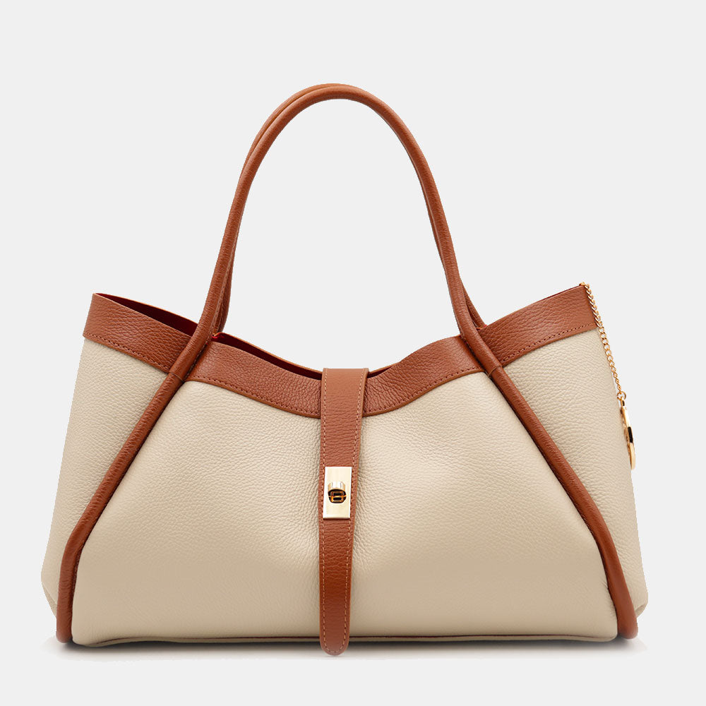 Borsa Donna a Spalla VIAVERDI in Pelle Beige e Cuoio Made in Italy linea Cortona