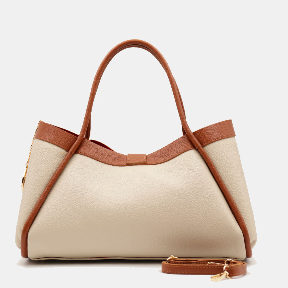 Borsa Donna a Spalla VIAVERDI in Pelle Beige e Cuoio Made in Italy linea Cortona