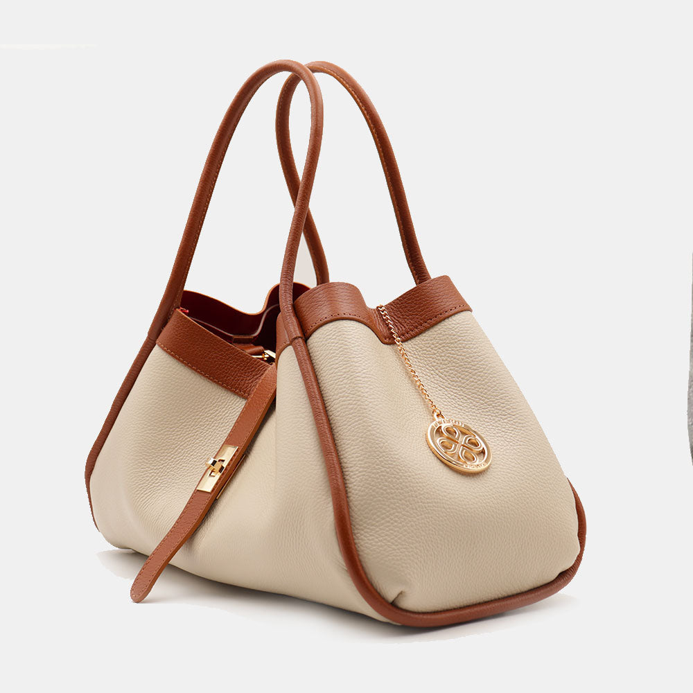 Borsa Donna a Spalla VIAVERDI in Pelle Beige e Cuoio Made in Italy linea Cortona