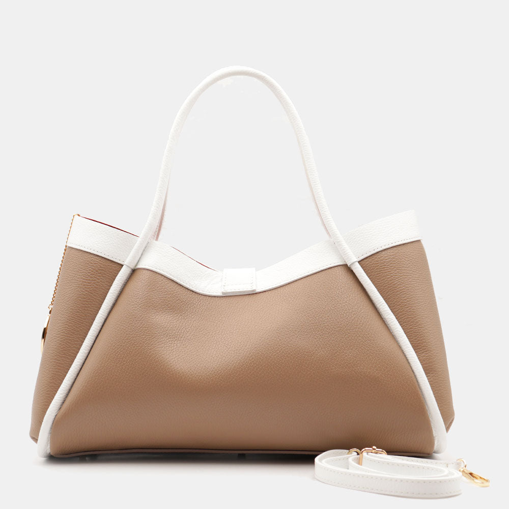 Borsa Donna a Spalla VIAVERDI in Pelle Taupe e Bianca Made in Italy linea Cortona