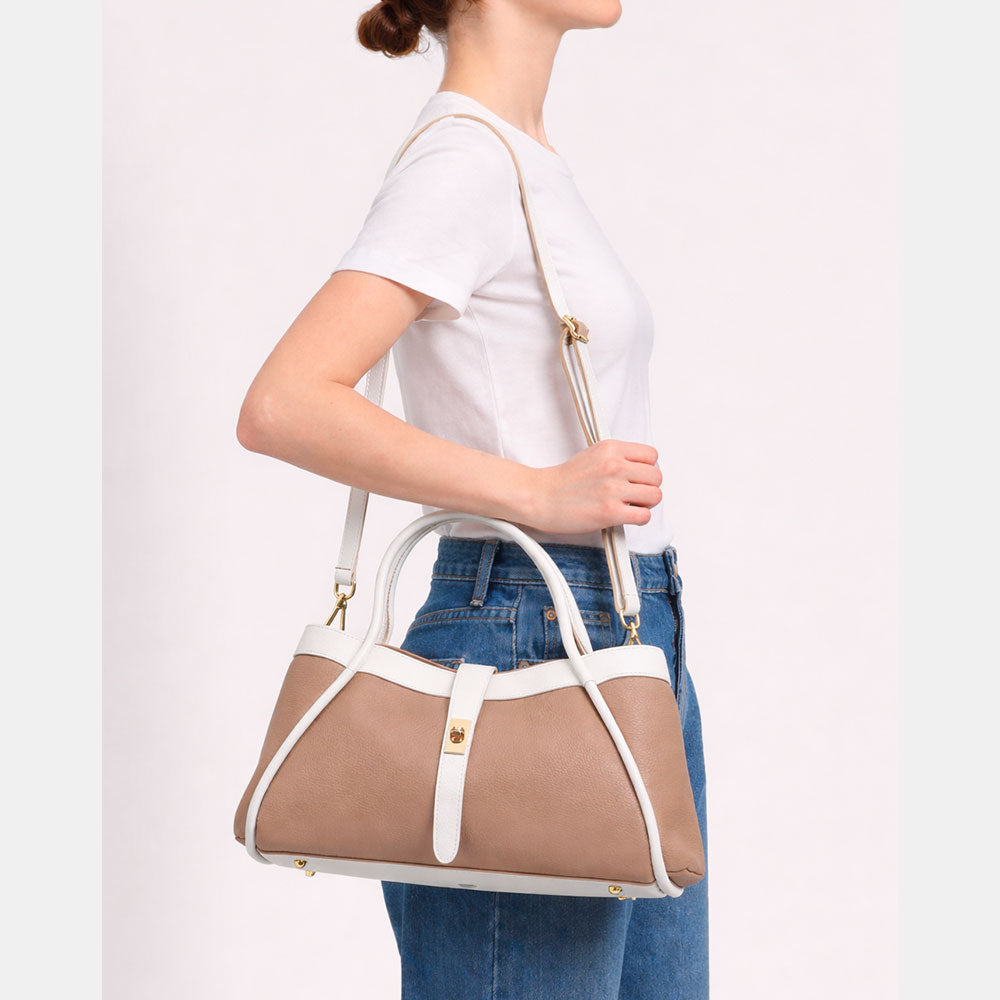 Borsa Donna a Spalla VIAVERDI in Pelle Beige e Cuoio Made in Italy linea Cortona