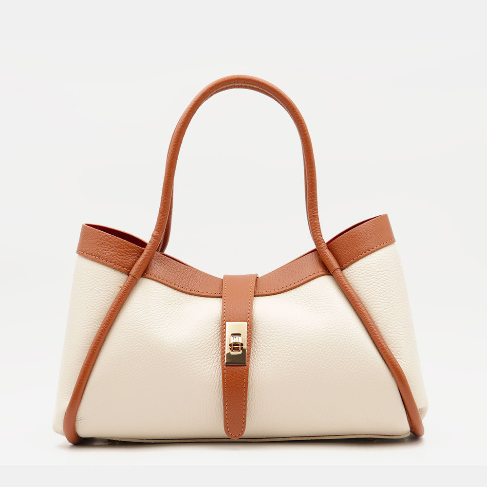 Borsa Donna a Mano VIAVERDI in Pelle Beige e Cuoio Made in Italy linea Cortona