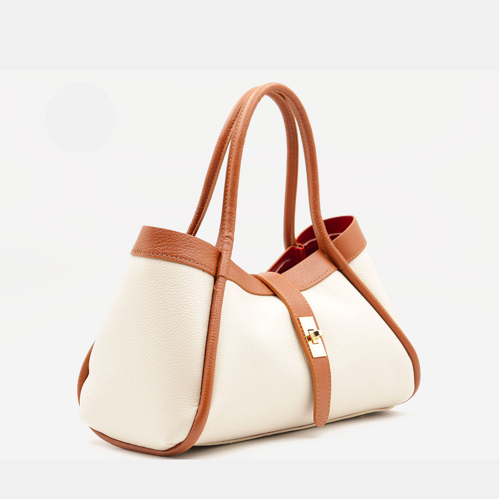 Borsa Donna a Mano VIAVERDI in Pelle Beige e Cuoio Made in Italy linea Cortona