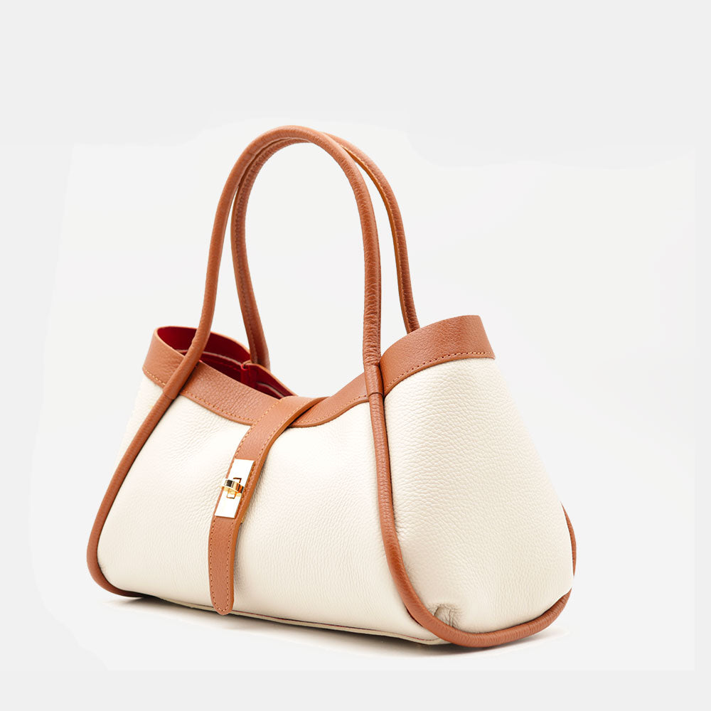 Borsa Donna a Mano VIAVERDI in Pelle Beige e Cuoio Made in Italy linea Cortona