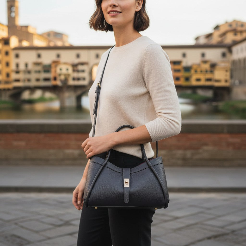Borsa Donna a Mano VIAVERDI in Pelle Blu Made in Italy linea Cortona