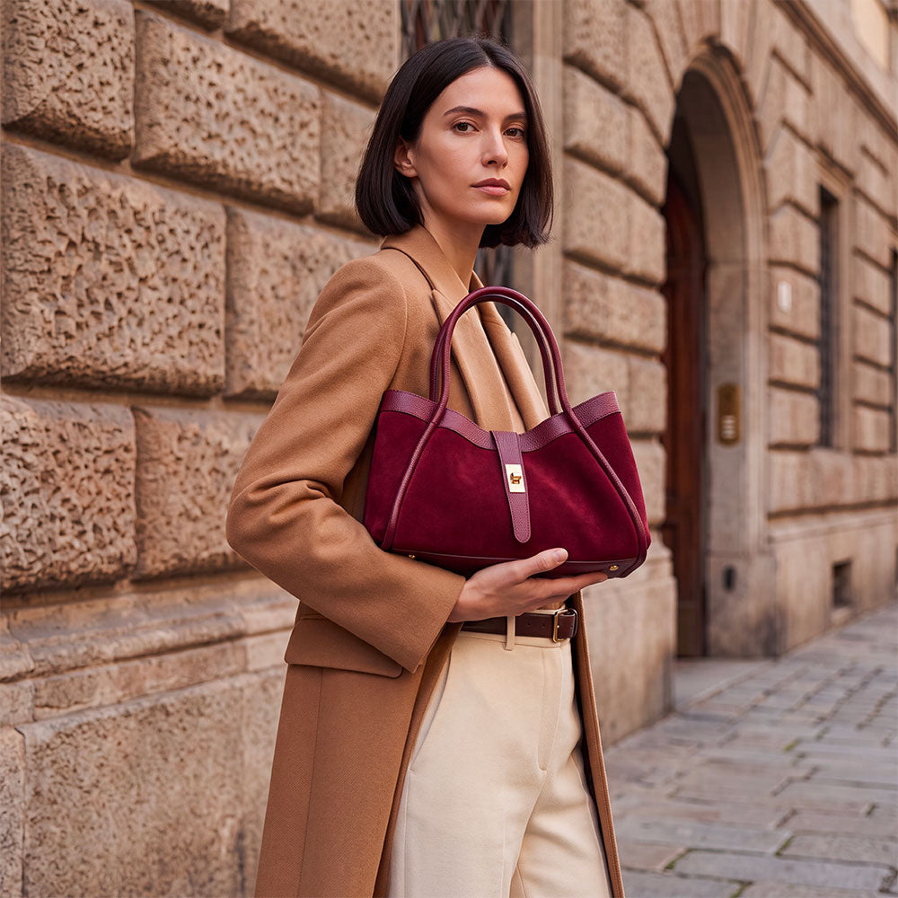 Handbag ViaVerdi in Suede and Burgundy Leather Made in Italy – Line Cortona
