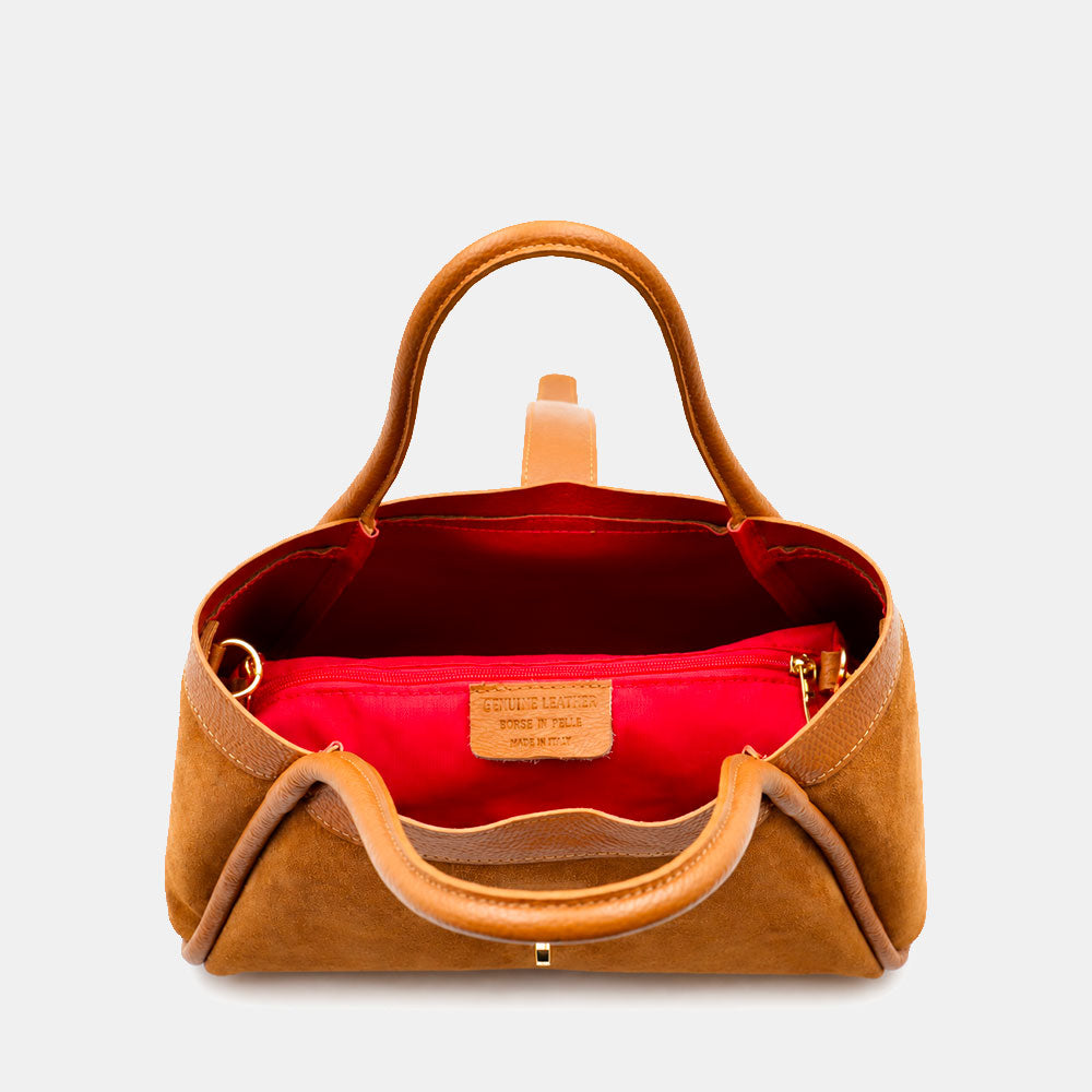 Handtasche ViaVerdi aus Wildleder und Leder in Cognac Made in Italy – Linie Cortona
