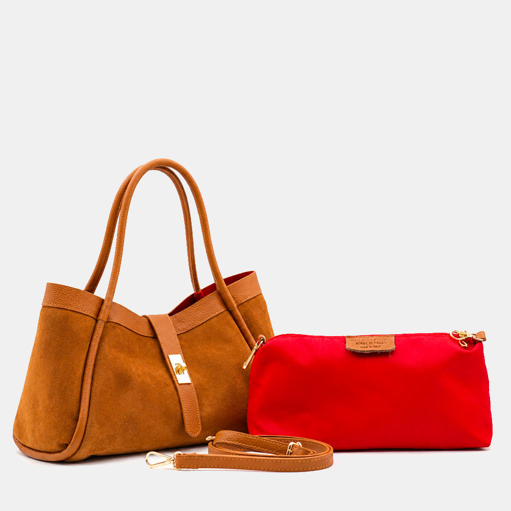 Handtasche ViaVerdi aus Wildleder und Leder in Cognac Made in Italy – Linie Cortona
