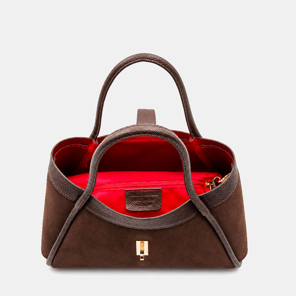 Handtasche ViaVerdi aus Wildleder und Dunkelbraunem Leder Made in Italy – Linie Cortona
