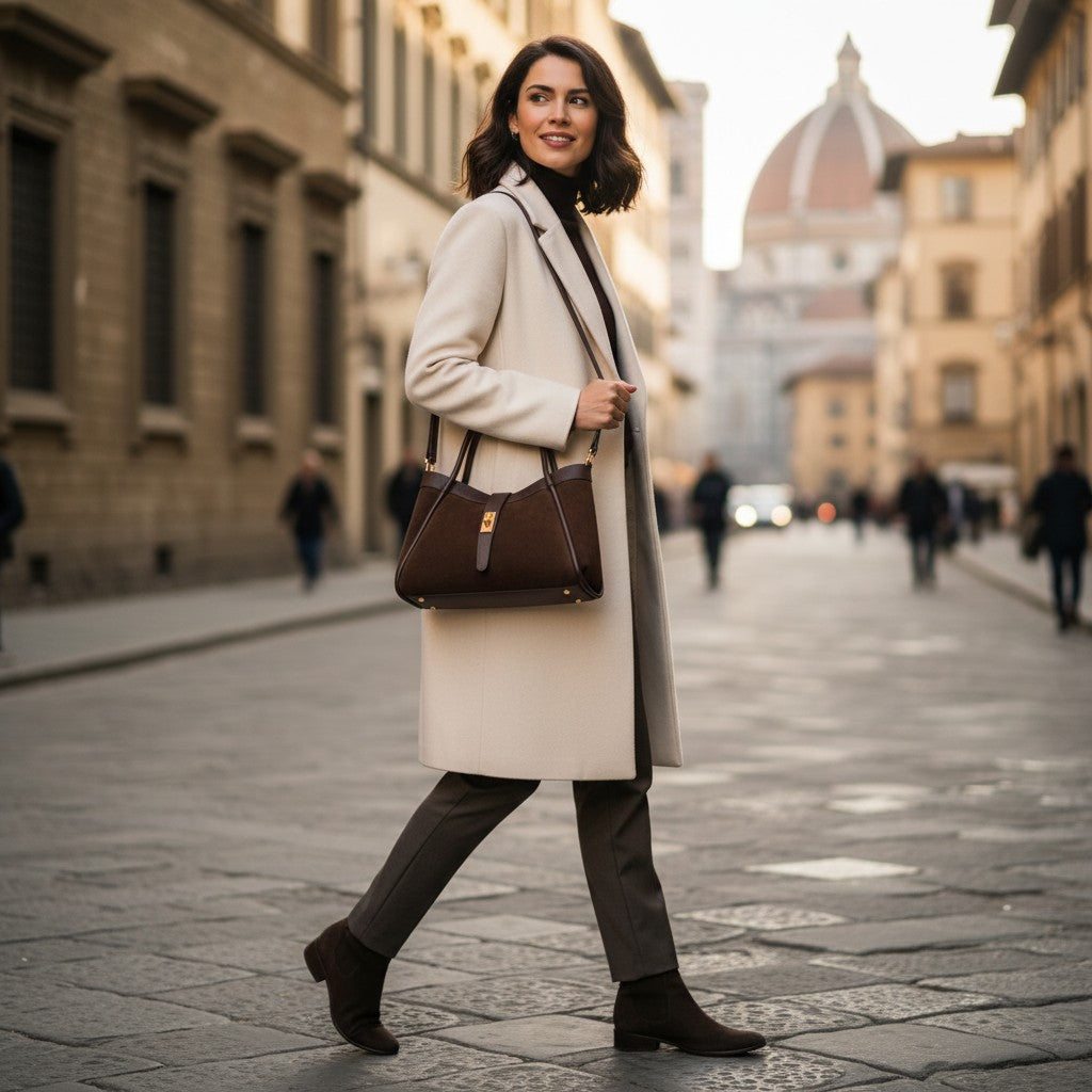 Handtasche ViaVerdi aus Wildleder und Dunkelbraunem Leder Made in Italy – Linie Cortona
