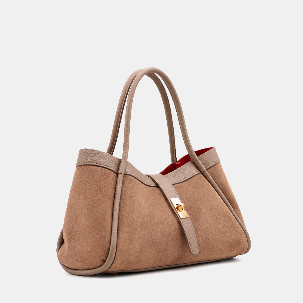 Borsa Donna a Mano VIAVERDI in Camoscio e Pelle Taupe Made in Italy linea Cortona