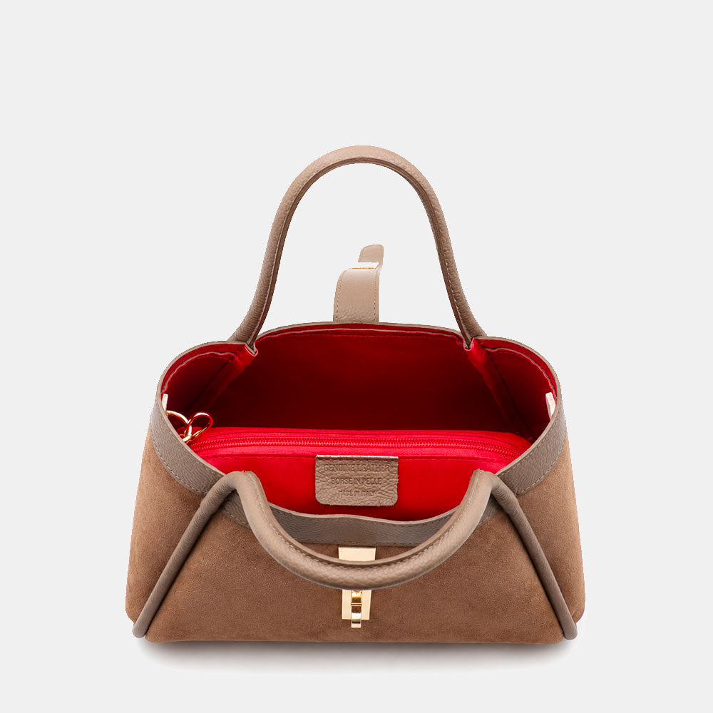 Borsa Donna a Mano VIAVERDI in Camoscio e Pelle Taupe Made in Italy linea Cortona