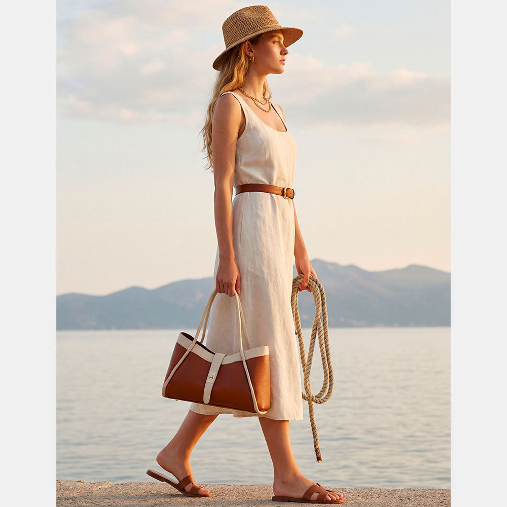 Borsa Donna a Mano VIAVERDI in Pelle Cuoio e Avorio Made in Italy linea Cortona