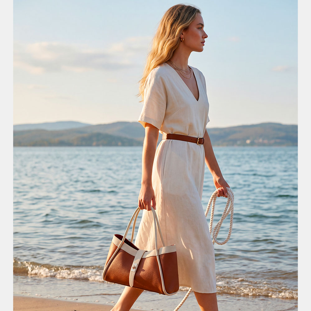 Borsa Donna a Mano VIAVERDI in Pelle Cuoio e Avorio Made in Italy linea Cortona