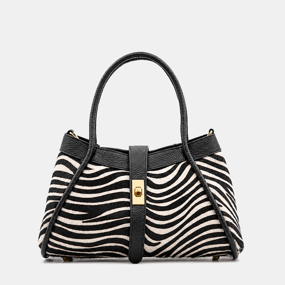 Borsa Donna a Mano VIAVERDI in Pelle e Cavallino Animalier Zebrato Made in Italy linea Cortona