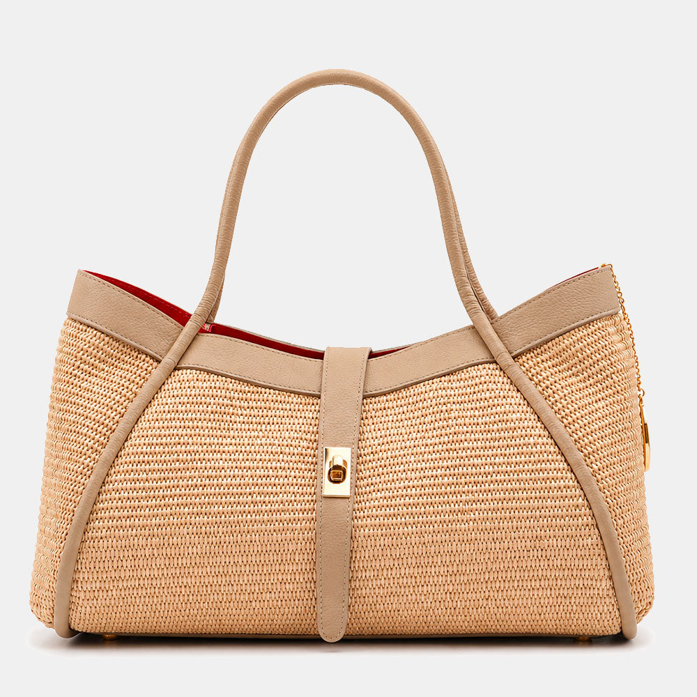 Borsa Donna a Spalla VIAVERDI in Rafia e Pelle Taupe Made in Italy linea Cortona